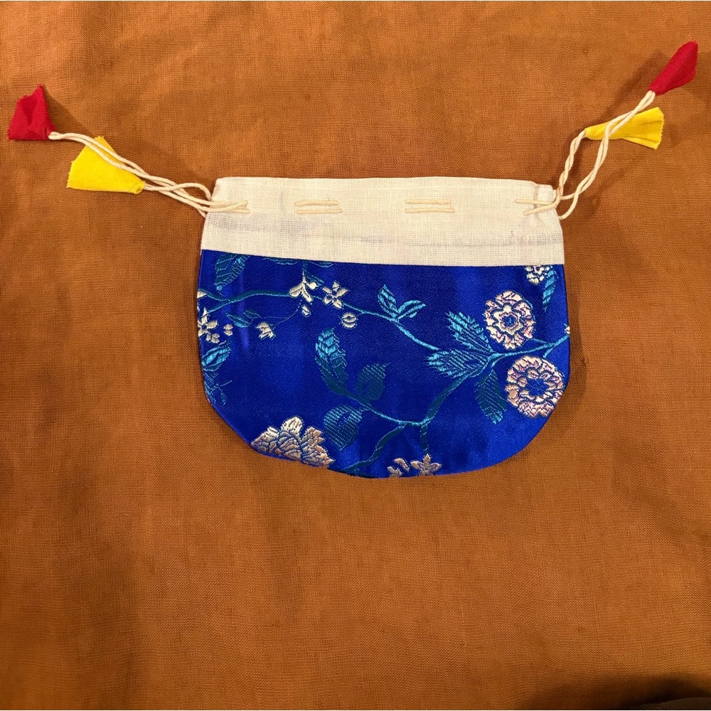 Floral Blue Silk Pouch Handmade in Nepal